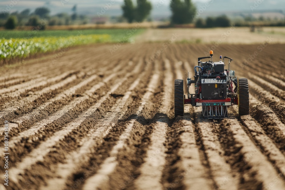 Poster robotic machines operate on the farm, planting crops in organized rows across the fertile soil under