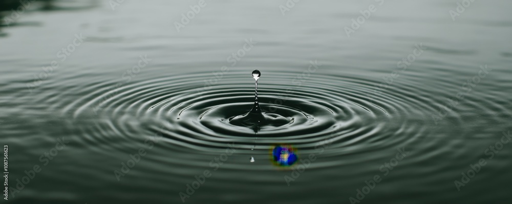 Poster a close-up of a water droplet creating ripples in a calm body of water, with a hint of blue object v