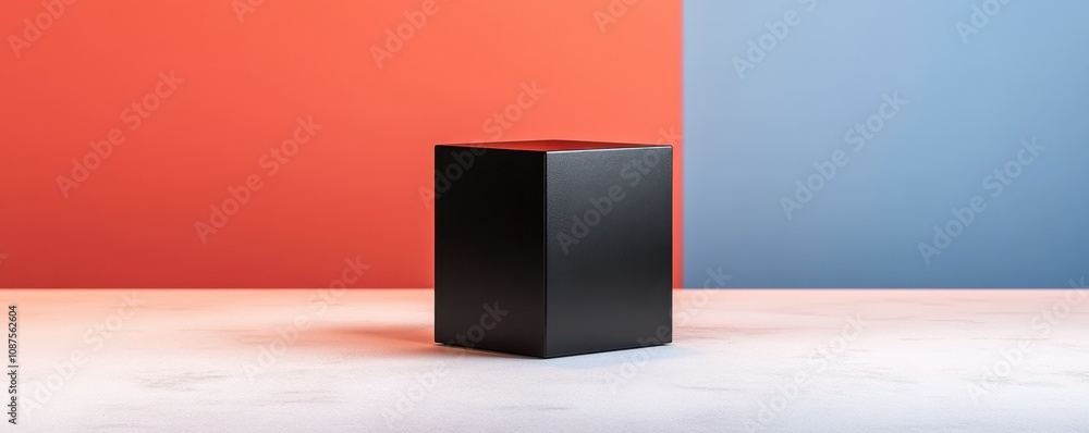 Poster a simple black cube sits on a smooth surface, flanked by vibrant red and blue walls, creating a stri
