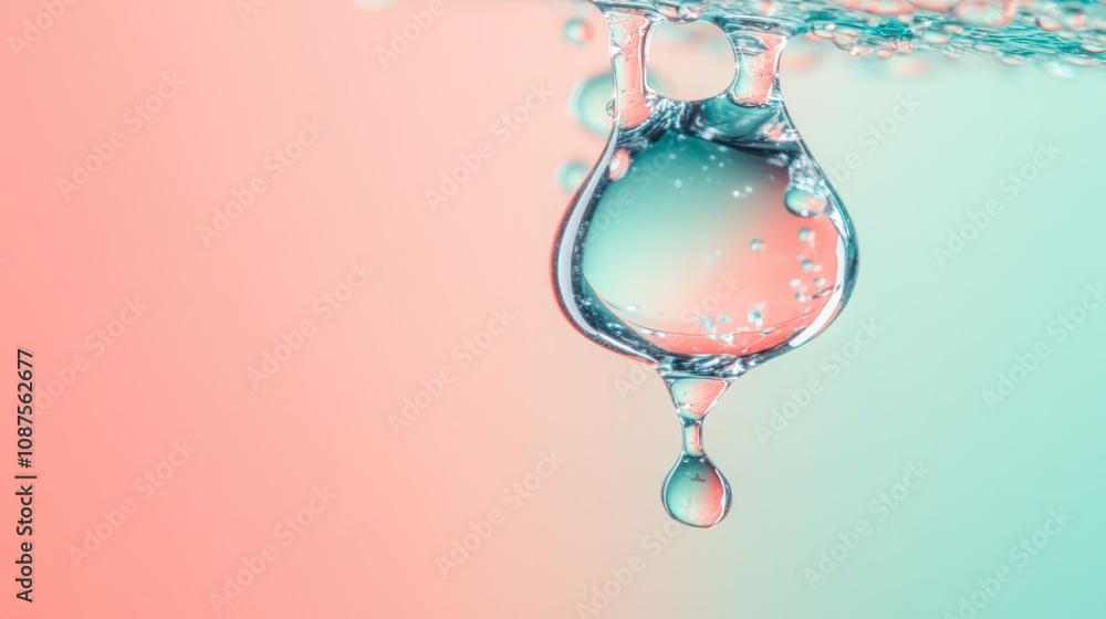 Poster a single water drop hangs from a surface against a gradient background of pink and blue. the drop is