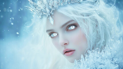 Majestic Snow Queen in an ethereal winter landscape with glowing ice crown and flowing silver hair
