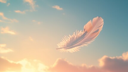 Fototapeta premium A single white feather floats in the sky, backlit by the setting sun, creating a sense of peace and tranquility.