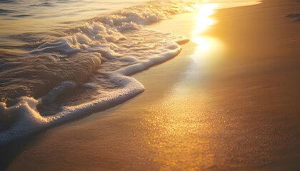 A close-up view of a sandy beach at sunset, with gentle waves lapping at the shore. The sunlight reflects off the wet sand and the water, creating a warm and inviting scene.
