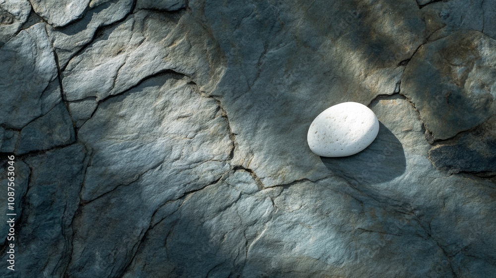 Poster A single white stone rests on a textured, dark gray surface with dappled sunlight creating abstract patterns.