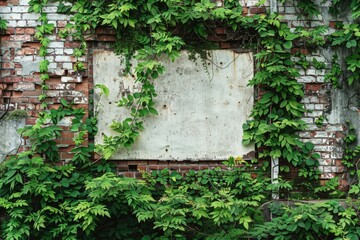 Brick Sign. Large Blank White Sign on Brick Foundation with Green Foliage Background