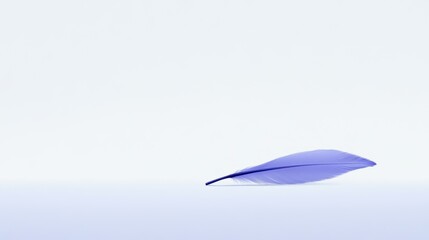 Obraz premium A single, delicate blue feather lies on a white background. The feather is soft and fluffy, with a slight curve to it. The background is a simple white, allowing the feather to be the focal point.