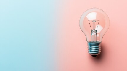 A single, clear light bulb sits on a pink background with a blue background to the left. The bulb is turned off.