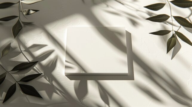 Business Card Square Mockup with Leaf Shadows Overlay and Natural Lighting