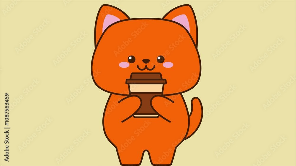 Poster cute red cat holding coffee. minimal modern seamless motion design. abstract loop animation