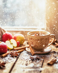 Fototapeta premium Steaming spiced apple cider on rustic wooden table with snow falling outside