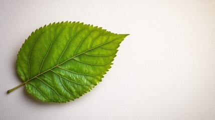 A single, green leaf with prominent veins lies on a white background.