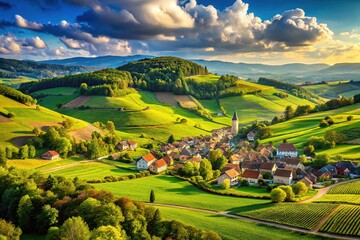 Naklejka premium France's scenic countryside unfolds in a panoramic view from Grandvaux Pontarion, showcasing lush hills and fields.