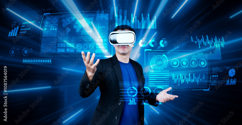 Poster smart business man with goggles working while using ai technology. manager accessing at global netwo