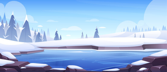 Winter lake landscape. Vector nature illustration with frozen pond,  snowy rocks, stones, forest. Wild park or garden with pines. Blue river with snowy coast for skating, fishing. Outdoor activity