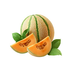 Juicy Cantaloupe Melon Slices with Whole Melon and Green Leaves