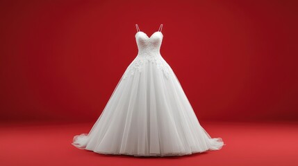 Obraz premium Elegant White Lace Wedding Gown on Red Background