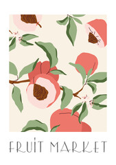 Poster in a abstract draw design. Fruit Market retro poster with peach fruits branch and leaves. Modern interior decoration.