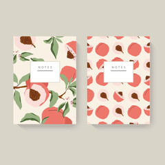 Two illustrated notebooks with peach patterns on a light beige background. Minimalist design with a white header for text. Concept of stationery