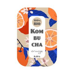 Kombucha bottle label with orange illustrations, promoting organic product, vibrant and fresh design concept