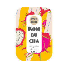 Kombucha bottle label with dragon fruit illustrations, promoting organic product, vibrant and fresh design concept