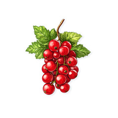 Vibrant Red Currants Branch with Lush Green Leaves - Detailed Illustration