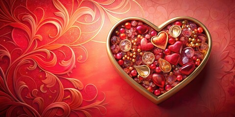 Fototapeta premium A Golden Heart Filled with Red and Gold Ornaments Resting on a Red Glittery Background with Decorative Swirls