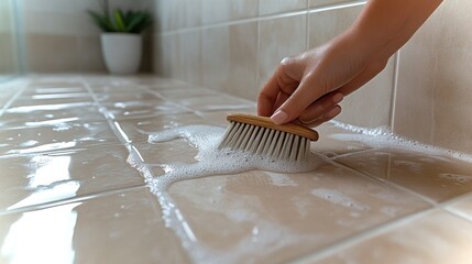 Person cleaning grout lines in bathroom with brush and soapy water during daytime