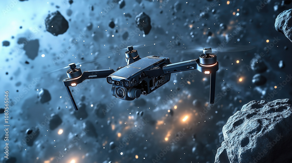 Poster Drone explores asteroid field in deep space, capturing stunning visuals of cosmic rocks and surrounding stardust during its mission. Generative AI
