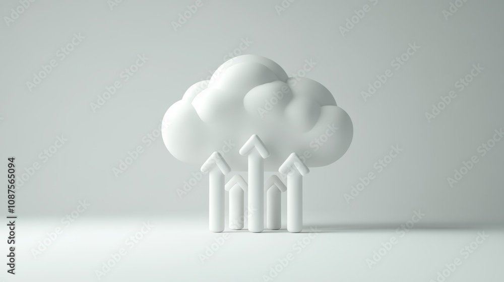 Poster a white cloud icon with four white arrows pointing upwards, on a white background. this is a minimal