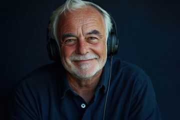 Obraz premium Cheerful portrait of a smiling grandpa with headphones, dark background, minimalistic and vibrant, showcasing a love for life