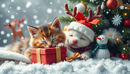 A ginger kitten and a white puppy with floppy ears, both wearing tiny Santa hats, slumber peacefully atop a mountain of wrapped gifts, illuminated by warm, golden light, a few snowflakes softly fall.