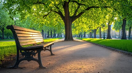 Fototapeta premium A wooden bench sits under a large tree in a park with a pathway leading towards the sunlit horizon.