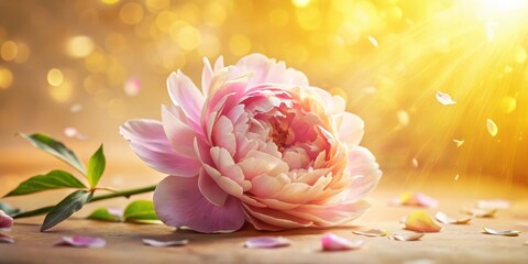 A Delicate Pink Peony Blooms in the Warm Glow of Golden Sunlight, Petals Gently Falling Around It