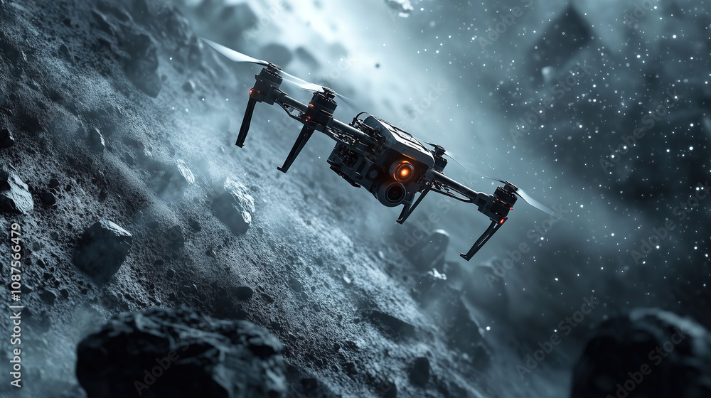 Poster a high-tech drone explores the rugged terrain of an extraterrestrial landscape during a cosmic adven