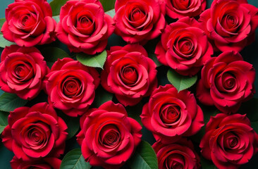 Obraz premium A vibrant collection of red roses with lush green leaves creates a stunning floral display on a dark background