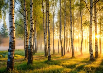 Naklejka premium Enchanting Morning Fog in a Birch Tree Grove - Stunning Night Photography of Nature's Beauty