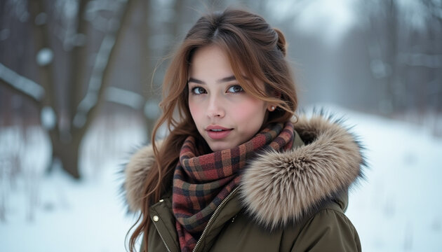 Beautiful woman in a warm parka with a fur hood and stylish scarf in a snowy winter forest
