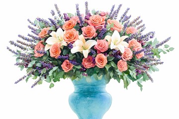 Obraz premium Beautiful Floral Arrangement Featuring Pink Roses, White Lilies, and Lavender in a Decorative Blue Vase for Home Decoration or Event Centerpiece