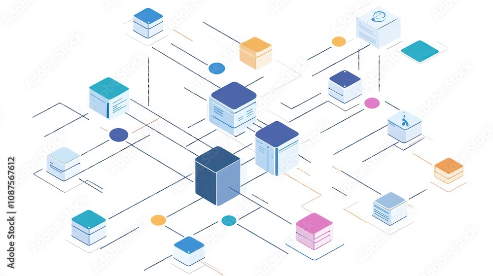 Poster isometric illustration of a network of connected data cubes.