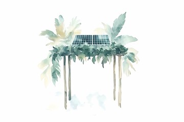 Solar Panel Surrounded by Tropical Greenery, Eco-Friendly Energy Generation with Lush Foliage and Sustainable Living Concept in Watercolor Style