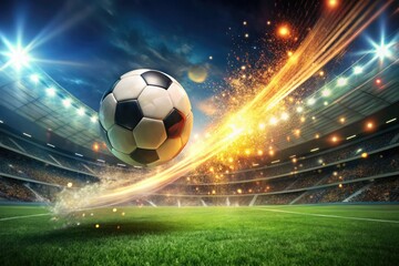 Fototapeta premium Fiery Soccer Ball in Flight with Sparks Over Green Grass and Stadium Lights