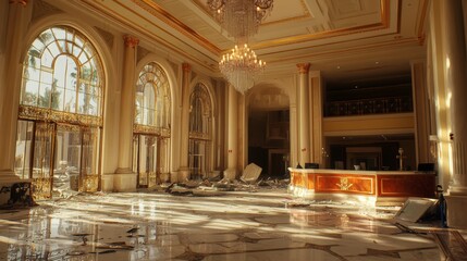 Fototapeta premium Luxurious hotel lobby with marble floors, large windows, and a chandelier.