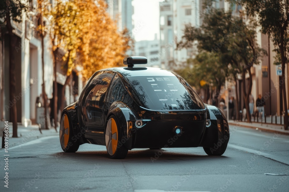 Leinwandbilder An autonomous vehicle glides through city streets, demonstrating onboard AI systems managing its navigation and movement. Generative AI