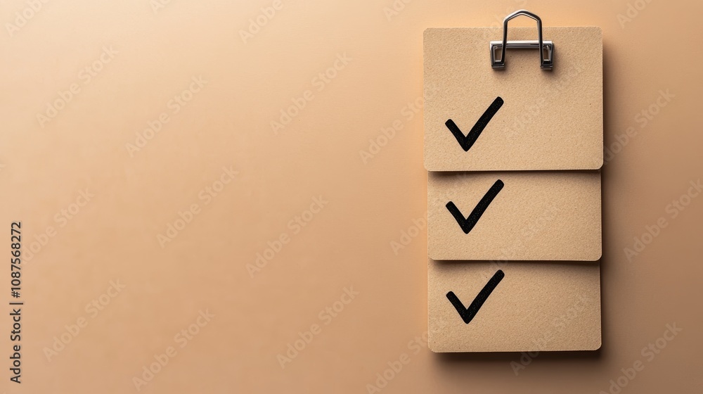 Poster three cardboard notepads with checkmarks on a tan background.