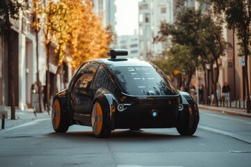An autonomous vehicle glides through city streets, demonstrating onboard AI systems managing its navigation and movement. Generative AI