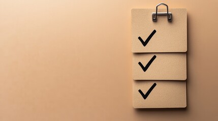 Three cardboard notepads with checkmarks on a tan background.