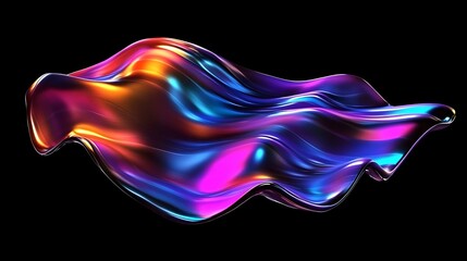 Naklejka premium A photorealistic 3D render of a holographic, iridescent neon wave in motion, set against a black background. Featuring vivid gradient colors, it serves as a dynamic design element for banners or wallp
