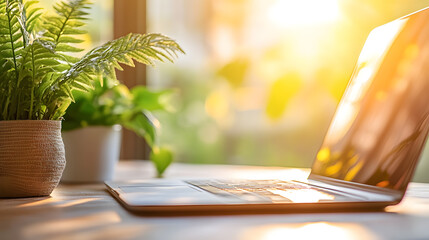 Secure E-Commerce Platform Concept. Digital platform for buying and selling home workspace laptop and plants bright cozy viewpoint