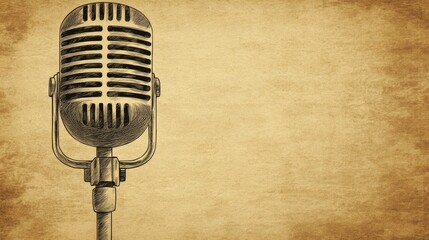 Fototapeta premium Vintage microphone illustration on aged paper background, perfect for podcasts, radio shows, or music.