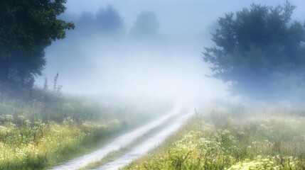 A misty landscape featuring a winding path through a foggy field.
